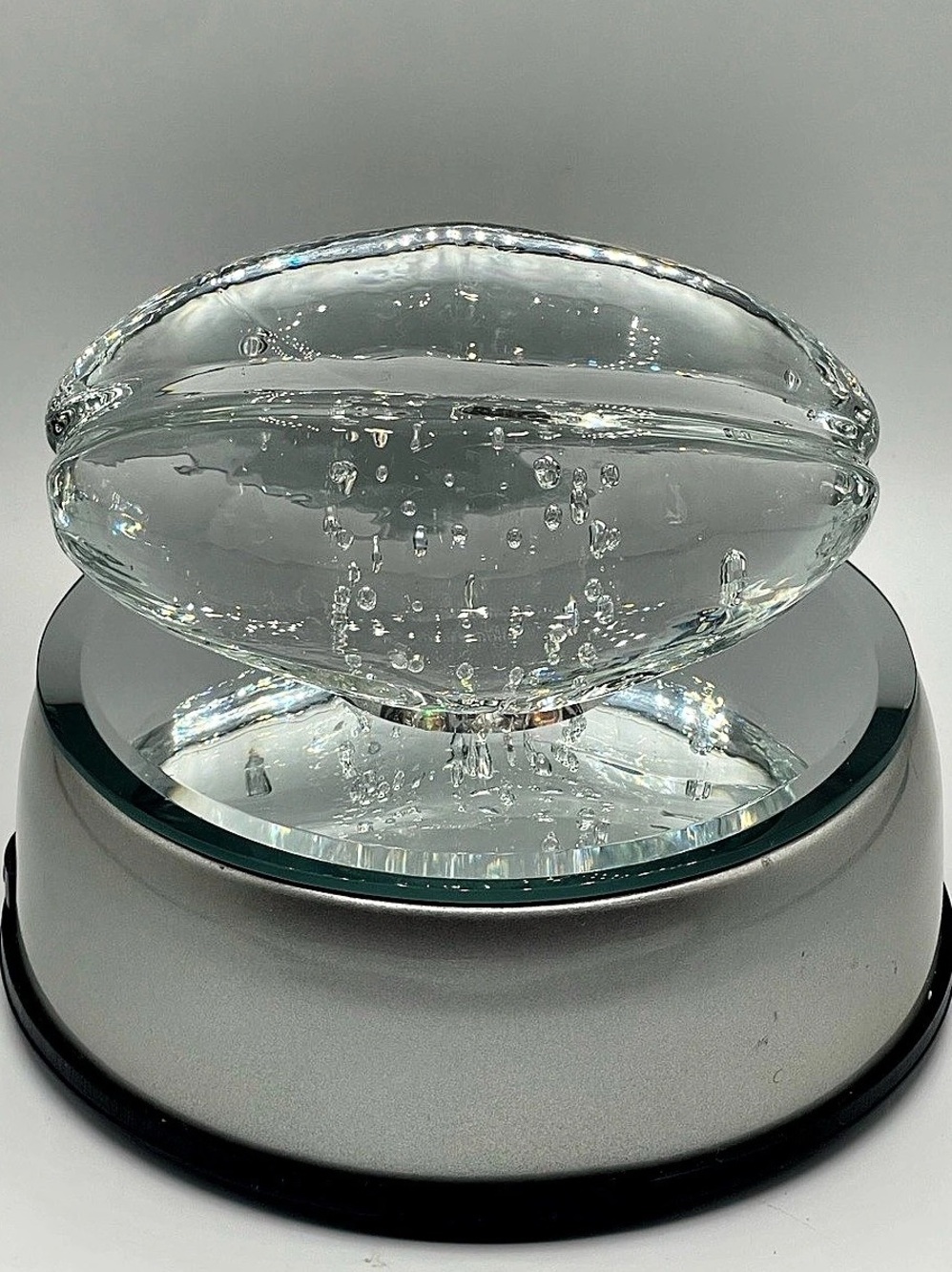 Vintage / MCM Art Glass: Clear Crystal Football Paperweight Bullicante Sculpture